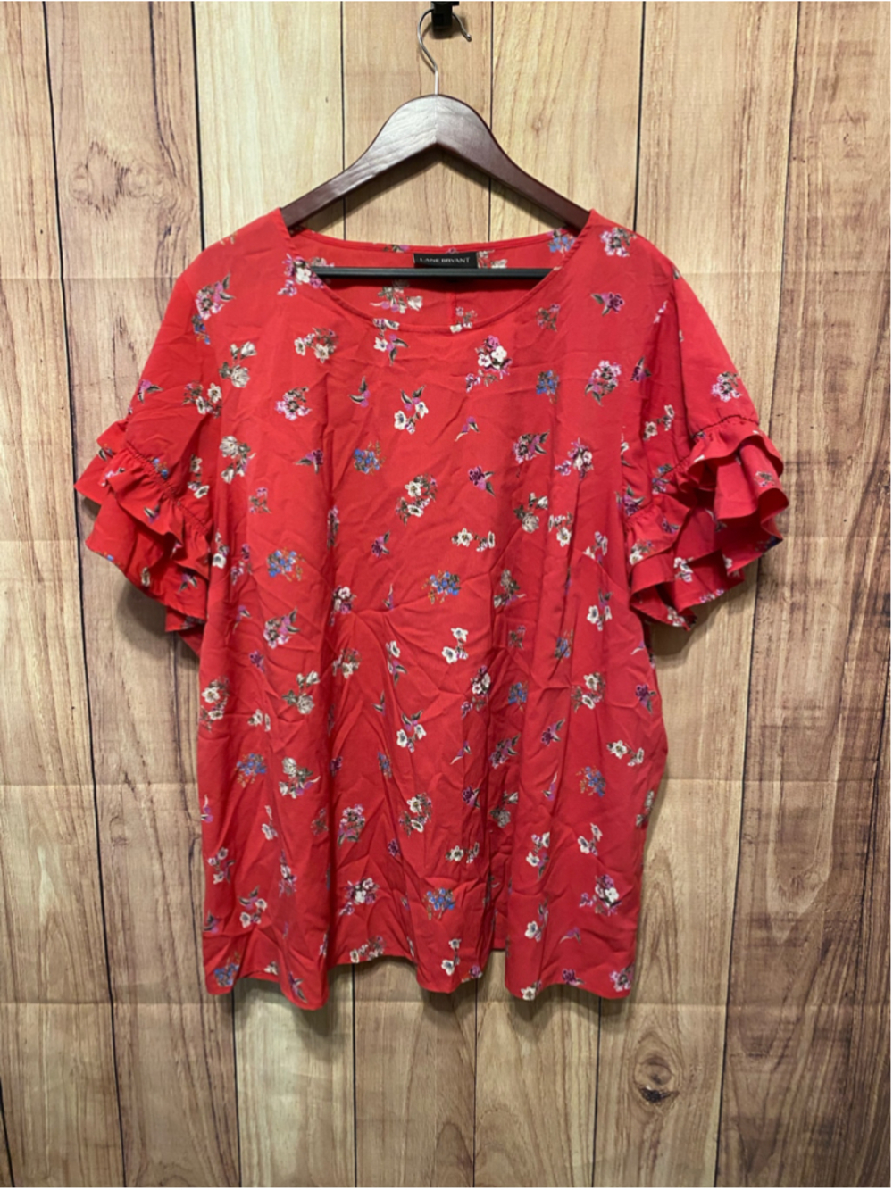 Lane Bryant plus size 26 Floral Blouse Red White Ruffle Sleeve Top